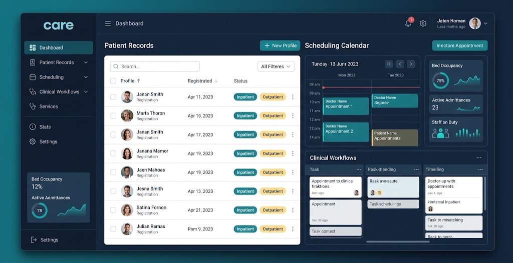 care — hospital information system dashboard screenshot